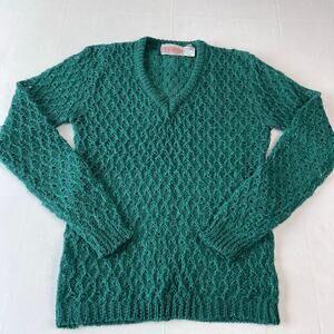 Pronto Vintage Emerald Green V-neck Acrylic Eyelet Sweater Women's size Medium